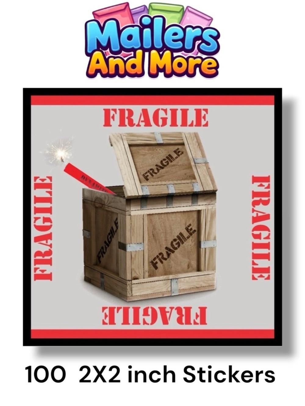 100 (2x2 Inch) Square Stickers, FRAGILE, High Gloss, PRICE IS FIRM